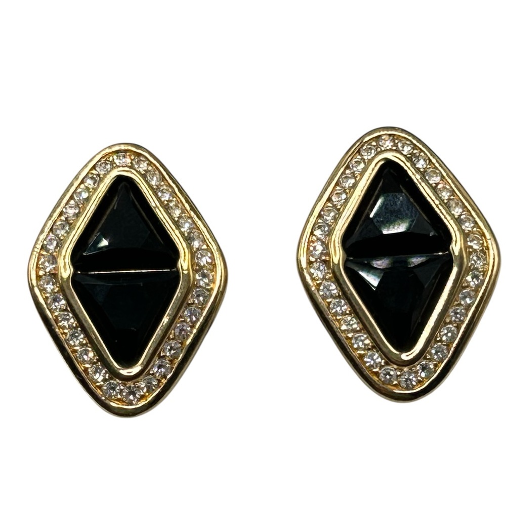 Vintage Signed Swarovski Black and Clear Rhinestone Diamond Shaped Earrings
